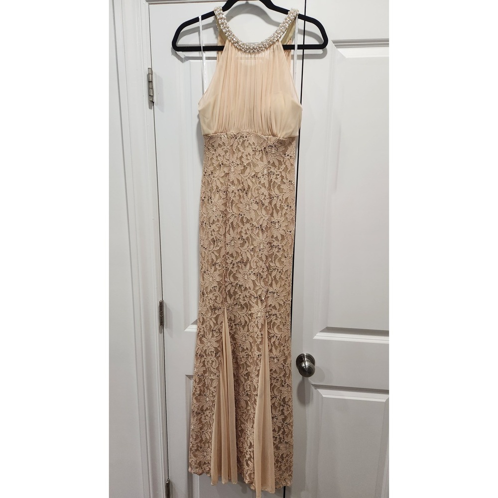 Eureka Champagne Lace Sequin Halter Gown‎ Pearl Dress Size S Prom Wedding Guest